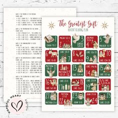 the greatest gift christmas calendar printable on a white wooden background with red and green accents