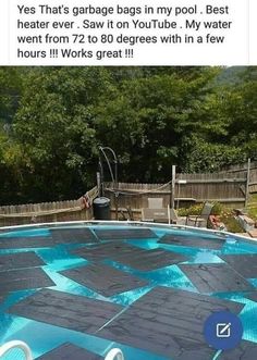 an above ground swimming pool with blue tiles