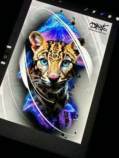 an image of a tiger with blue eyes on it's face in the dark