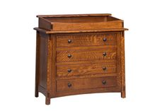 a small wooden dresser with drawers on it's sides and an open drawer in the middle