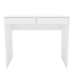 a white desk with two drawers on the top and one drawer open to reveal something