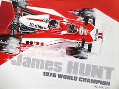 a painting of a racing car with the name james hunt on it