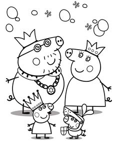 peppa pig and his family coloring page with bubbles in the sky above them, as well