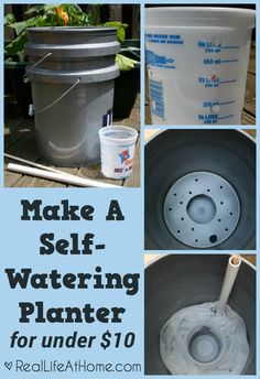 four pictures showing how to make a self watering planter for under $ 10