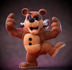 a cartoon bear is doing some exercise with a dumbbell in his right hand and one arm up