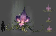 an octopus is standing next to a purple flower