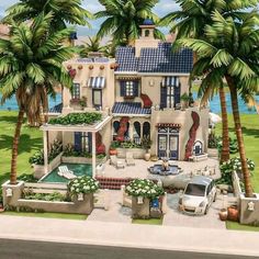 an artist's rendering of a house with palm trees in the foreground and cars parked on the driveway