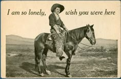 an old postcard with a woman on a horse in the middle of nowhere, i am so lonely, wish you were here