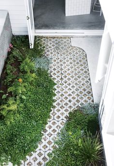 a white door and some green plants on the side of a building with a tiled floor