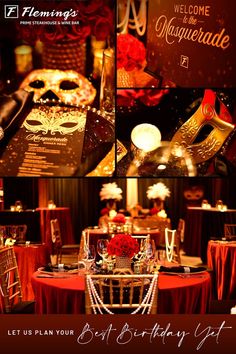 a masquerade themed party with red and gold decorations