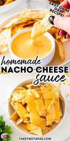 homemade nacho cheese sauce in a bowl with tortilla chips on the side