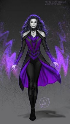 a drawing of a woman in purple and black