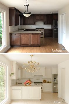 before and after pictures of a kitchen remodel with white cabinets, wood flooring and an island