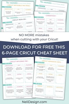 four free printables for the 6 - page cricut chat sheet