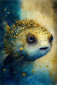 a painting of a puffer fish with gold dots on it's body and eyes