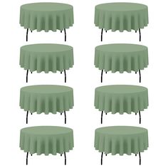 six green tables with black legs and round covers on them, all in different sizes