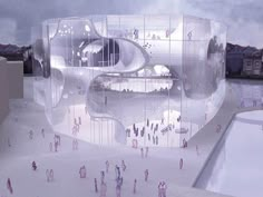 an architectural rendering of a building with many people walking around it and on the ground