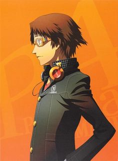 an anime character with short hair and glasses standing in front of an orange background holding his hands on his hips