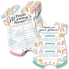 two baby bibs with rainbows on them and the words, finish mommy's phrase