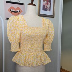 Beautiful And Brand New Without Tags. Features Puffy Sleeves, Fitted (Stretchy) Bodice, Ruffles At The Bottom. So Lovely But It Doesn't Go With Any Of My Stuff. :) Cute Yellow Spring Blouse, Cute Yellow Top For Brunch, Cute Yellow Fitted Blouse, Cute Fitted Blouse For Brunch, Cute Fitted Yellow Tops, Yellow Puff Sleeve Blouse For Brunch, Fitted Mustard Top For Spring, Fitted Yellow Top For Brunch, Fitted Mustard Blouse For Spring