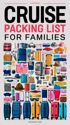 the cover of cruise packing list for families, featuring suitcases and other luggage items