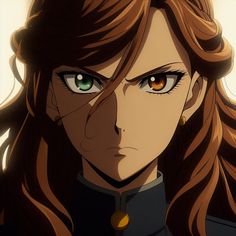 an anime character with long brown hair and green eyes looks at the camera while staring into the distance