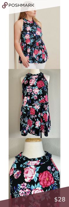 TORRID Super Soft Slub Babydoll Halter Neck Tank Floral Black Sz 1 1X 14-16 NEW Black Pink Rose, Rose Purple, Free People Style, Hem Top, Soft Knits, Halter Neck, Purple Flowers, Black Floral, Fashion Models