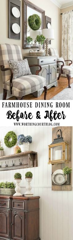 farmhouse dining room before and after with text overlay that reads farmhouse dining room before and after