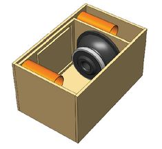 an open box with a speaker inside and some orange tape around the rims in it