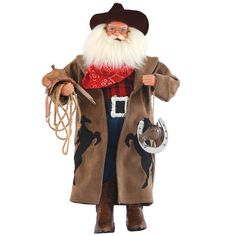 an old man dressed as a cowboy holding a lasso and hat with his hands