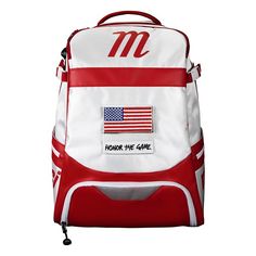 a back pack with an american flag patch on the front, and black trim around the bottom