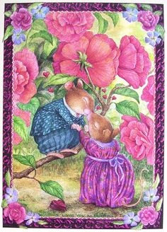 a painting of two mice on a branch with flowers