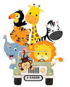 a group of cartoon animals riding in the back of a car on a white background