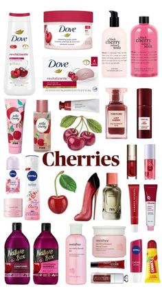 the words cherries are surrounded by many different types of cosmetics and body care products