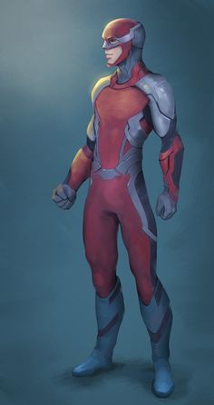 an artist's rendering of a man in a red and grey suit