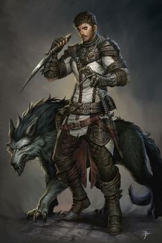 a man in armor standing next to a wolf