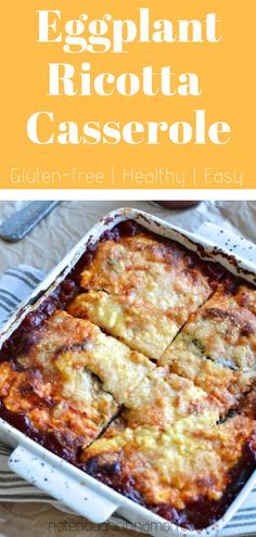 eggplant ricotta casserole in a baking dish with text overlay