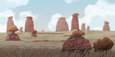 an animated scene with rocks and grass in the foreground