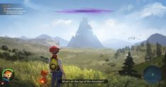 a man standing in front of a mountain with an alien flying above him and another person looking at the ground