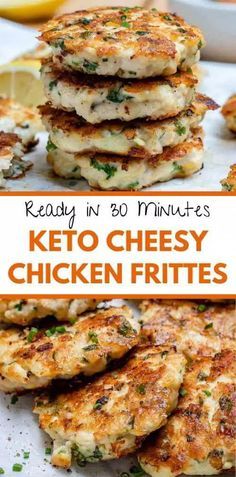 keto cheese chicken frittes stacked on top of each other with lemon wedges in the background