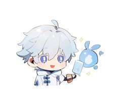 an anime character holding a blue object in one hand and wearing a white outfit on the other