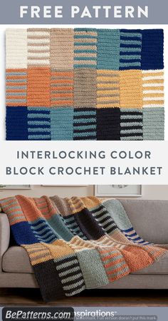 a crocheted blanket is shown with text that reads, free pattern interlocking color block crochet blanket