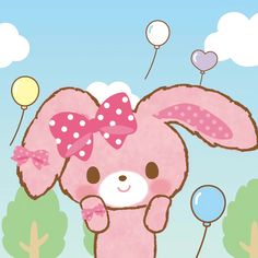 a pink bunny holding balloons in the air