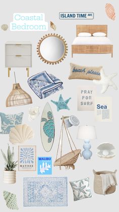 an assortment of beach themed items on display