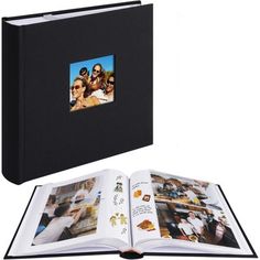 an open photo book with two pictures on the cover and one in the middle showing family photos