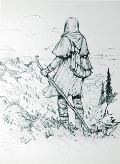 a drawing of a person standing on top of a hill with a stick in their hand