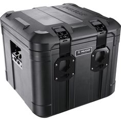 the pelican transport case is black and has wheels on each side, with two handles