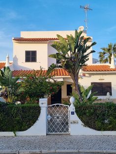 a white house with red tiled roof and palm trees