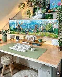 a desk with a computer, keyboard and plant on it in front of a painting