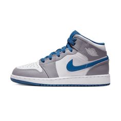 The Air Jordan 1 Mid ‘True Blue’ features a white leather upper with perforations on the toe box for breathability, True Blue accents on the mudguard, eyestay, padded collar, and on the oversized Swoosh that spans around the heel. Style Code: DQ8423-014Product Type: Air Jordan Grade School Shoes Product Information: Please carefully choosing the size number [...] Air Jordan 1 Mid Gs, Nike Air Jordan 1 Mid, Jordan 1s, Cement Gray, Air Jordan 1 Mid, Jordan 1 Mid, School Shoes, True Blue, Blue Accents